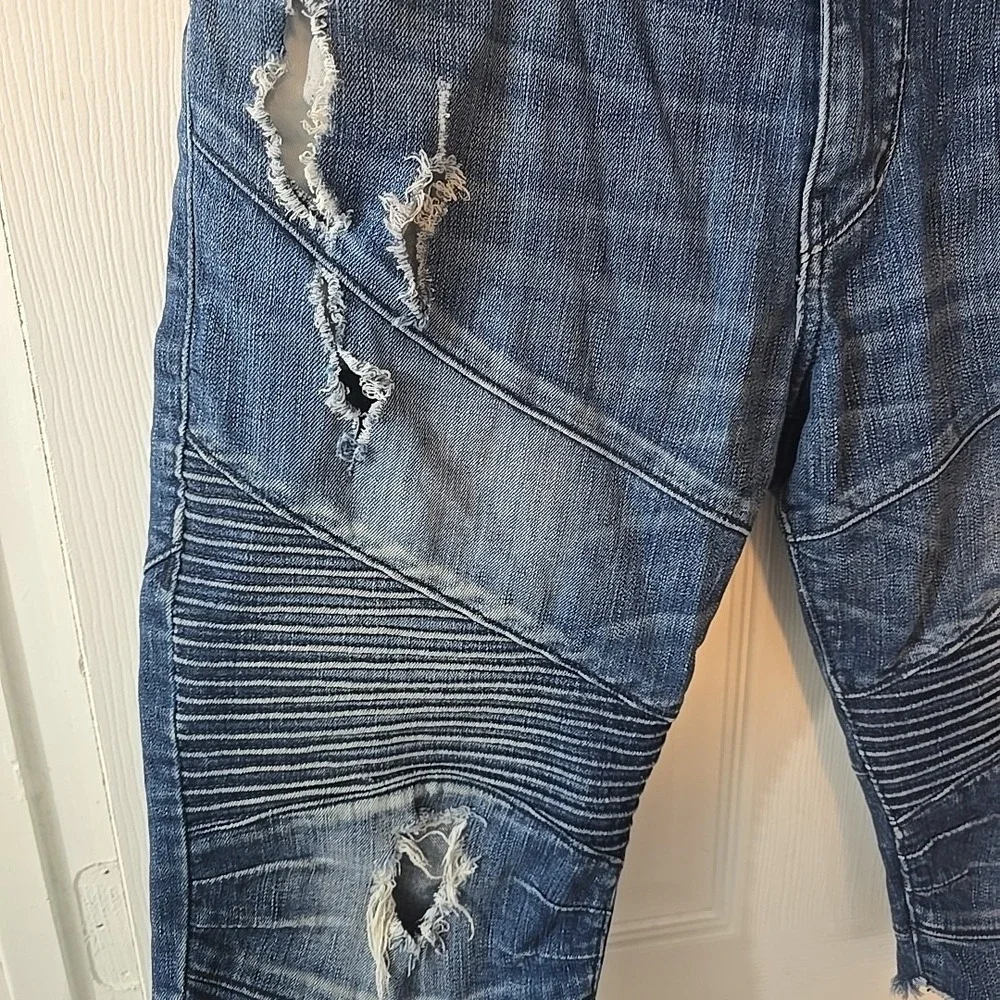 True Religion Geno Relaxed Slim‎ Moto Mens Distressed Blue Jean Shorts Size 32